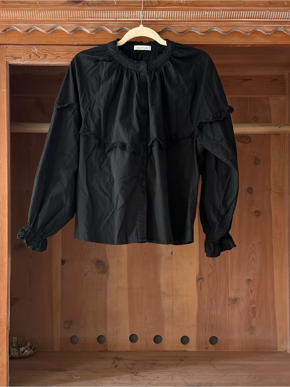 Neuflora Black 100% Cotton Ruffled Button-Front Top